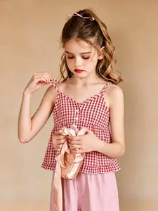 Girls' Plaid Thin Strap Top, Ruffled Hem, Button Front Decoration, Sweet and Cute Style, Summer T-Shirt for Kids