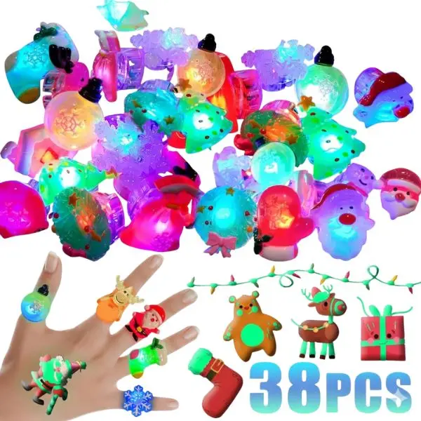 Light Up Christmas Rings for Kids – 38 PCS Party Favors Set with LED Flashing Rings & Glow , Stocking Stuffers, Glow in the Dark Party Supplies, Xmas Gifts & Classroom Prizes