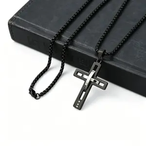 Stainless Steel Cross Pendant Necklace Hollow Cutout Design with   pearl chain or twisted chain Necklace Christian Faith Jewelry Gift for Men and Women Hip Hop Style Daily Wear Accessory