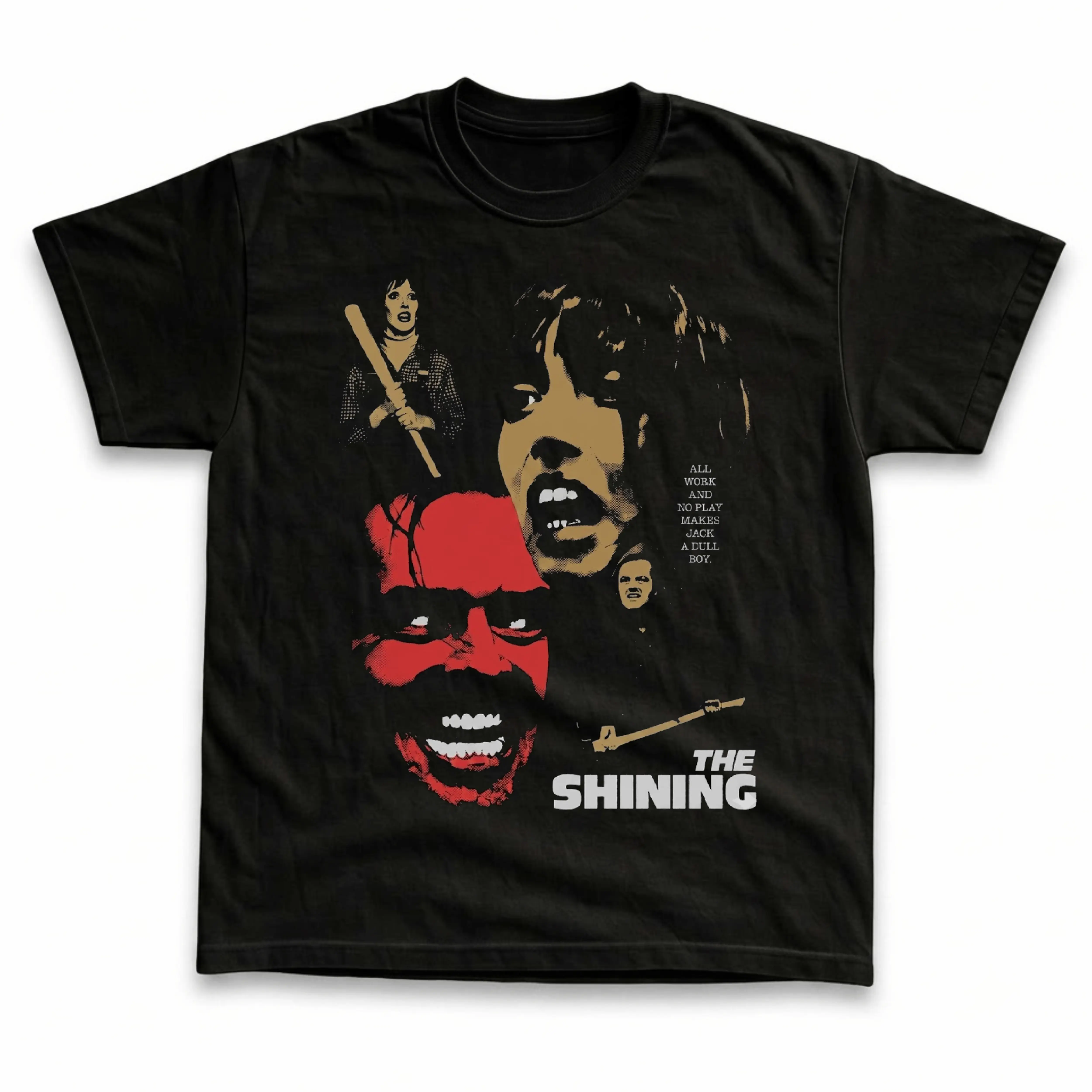 Men's and Women's T-Shirt, Vintage The Shining Graphic Tee, Stanley Kubrick 1980 Horror, Jack Torrance Red Face Heres Johnny, Wendy Screaming Baseball Bat, All Work And No Play Quote, Spooky Halloween Outfit, Retro Grunge Streetwear Rap Tee Style Fan Gift