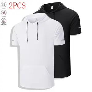 Unbranded Men's 2-Pack Short-Sleeve Sports Hooded T-Shirts, Solid Color, Kangaroo Pocket, Breathable Quick-Dry Fabric, Suitable for Running, WorkoutsRAIMENTRY
