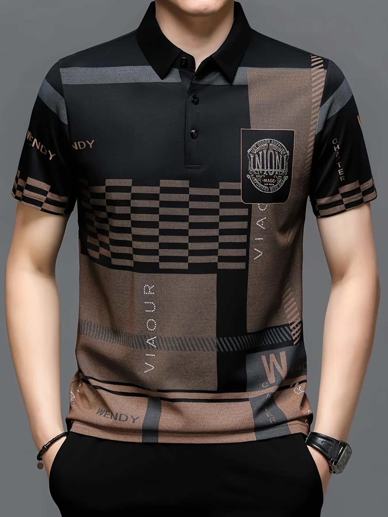 Blue and Brown Checked Plaid Letter Print Men's Classic Collared Polo Shirt, Business Casual Style, Menswear, Printed Polo Shirts, Printed Polo Tops, Summer Polo Shirts
