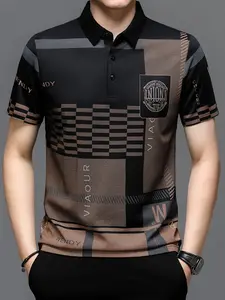 Blue and Brown Checked Letter Print Men's Polo Shirt, Business Casual Style