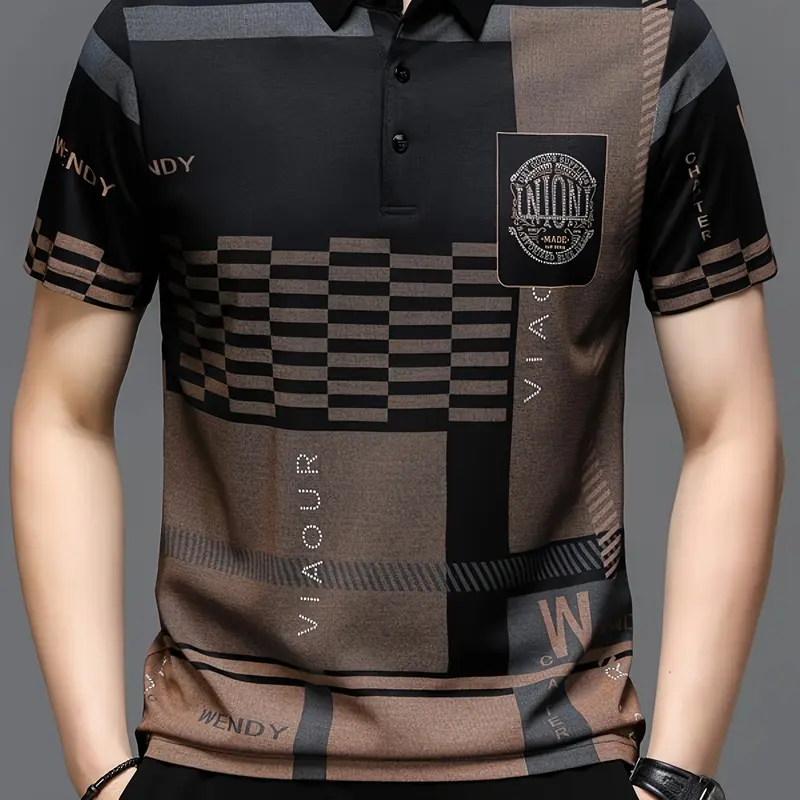 Blue and Brown Checked Plaid Letter Print Men's Classic Collared Polo Shirt, Business Casual Style, Menswear, Printed Polo Shirts, Printed Polo Tops, Summer Polo Shirts