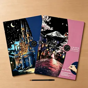 4Pcs Scratch Art Set Cherry & Star Castle Scene Templates Pre-Printed Line Guides Page Drawing Book Colorful Beautiful Pattern Effect Reveal for Teens Ideal Birthday Craft & Home Party   Creative Stress Relief Gift Idea Gift for Boys & Girls