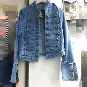 Vintage Military Style Handsome Stand Collar Denim  Women Double-Breasted Wild Slim Fit Short Denim  Women's Coat Casual button lapel coat fashion jacket