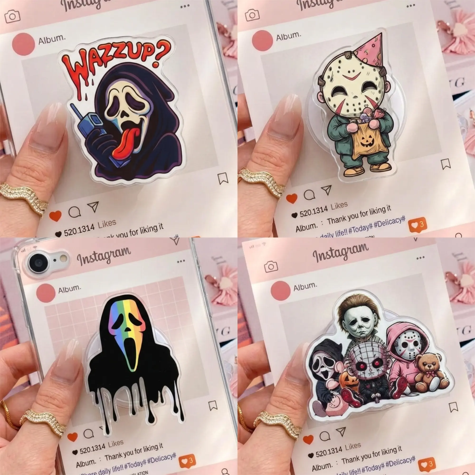 Cute Chibi Horror Character Collapsible Phone Grip Aesthetic Spooky Theme Mobile Accessory for Secure Handling and Hands Free Viewing Experience for Teens and Horror Fans