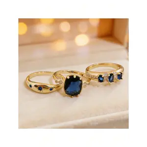 3pcs Stackable Ring Set in Golden Plating, Boho Elegant Style, Blue Synthetic Cubic Zirconia Stones, Ideal for Wedding & Vacation Occasions, Anniversary & Valentine's Day Gift (No Box)