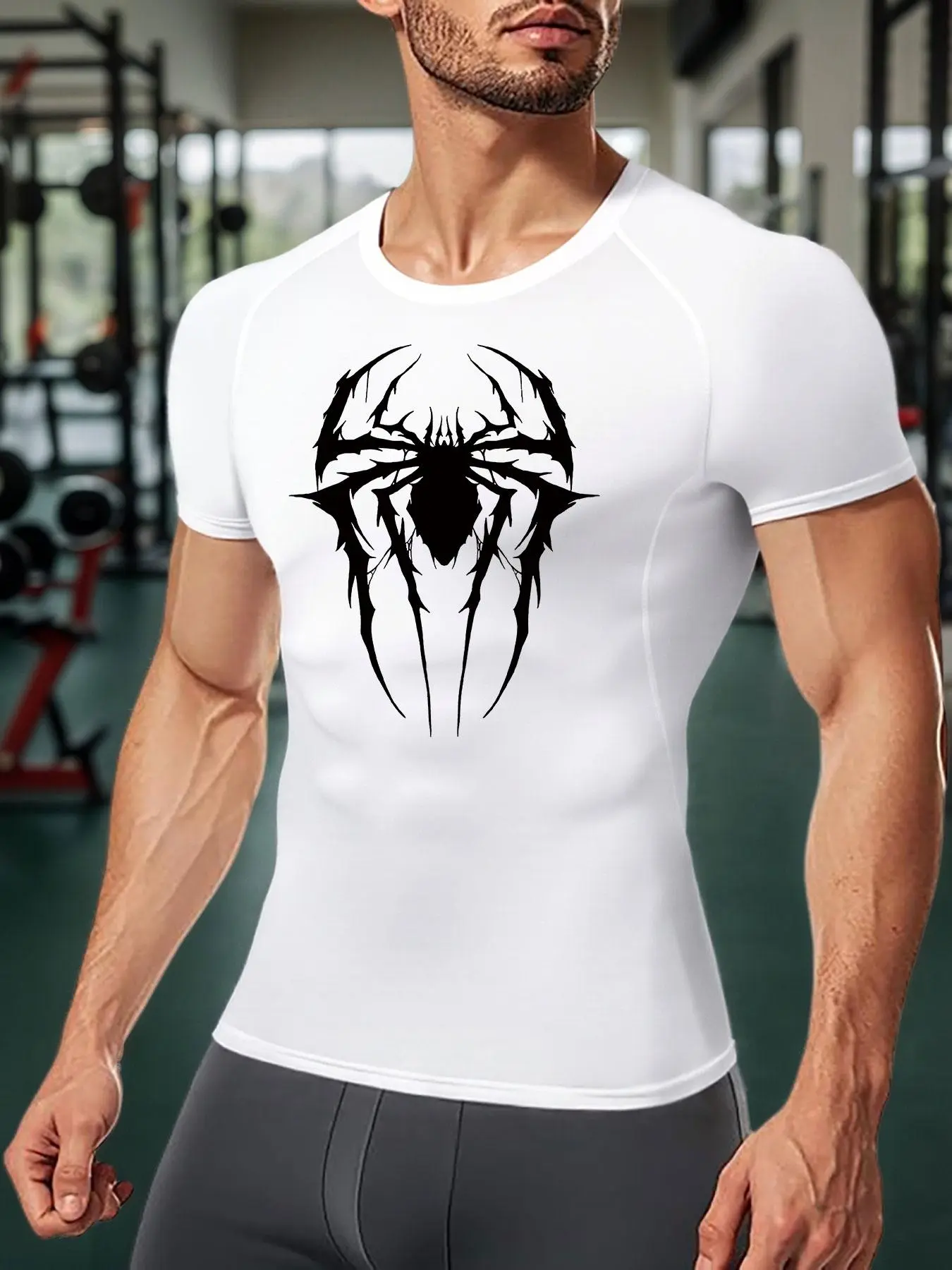 Men's Spider Print Round Neck Sports Tee, Quick Drying Breathable Crew Neck T-Shirt, Men's Sportswear Clothing for Gym Workout Running, Gym T Shirts