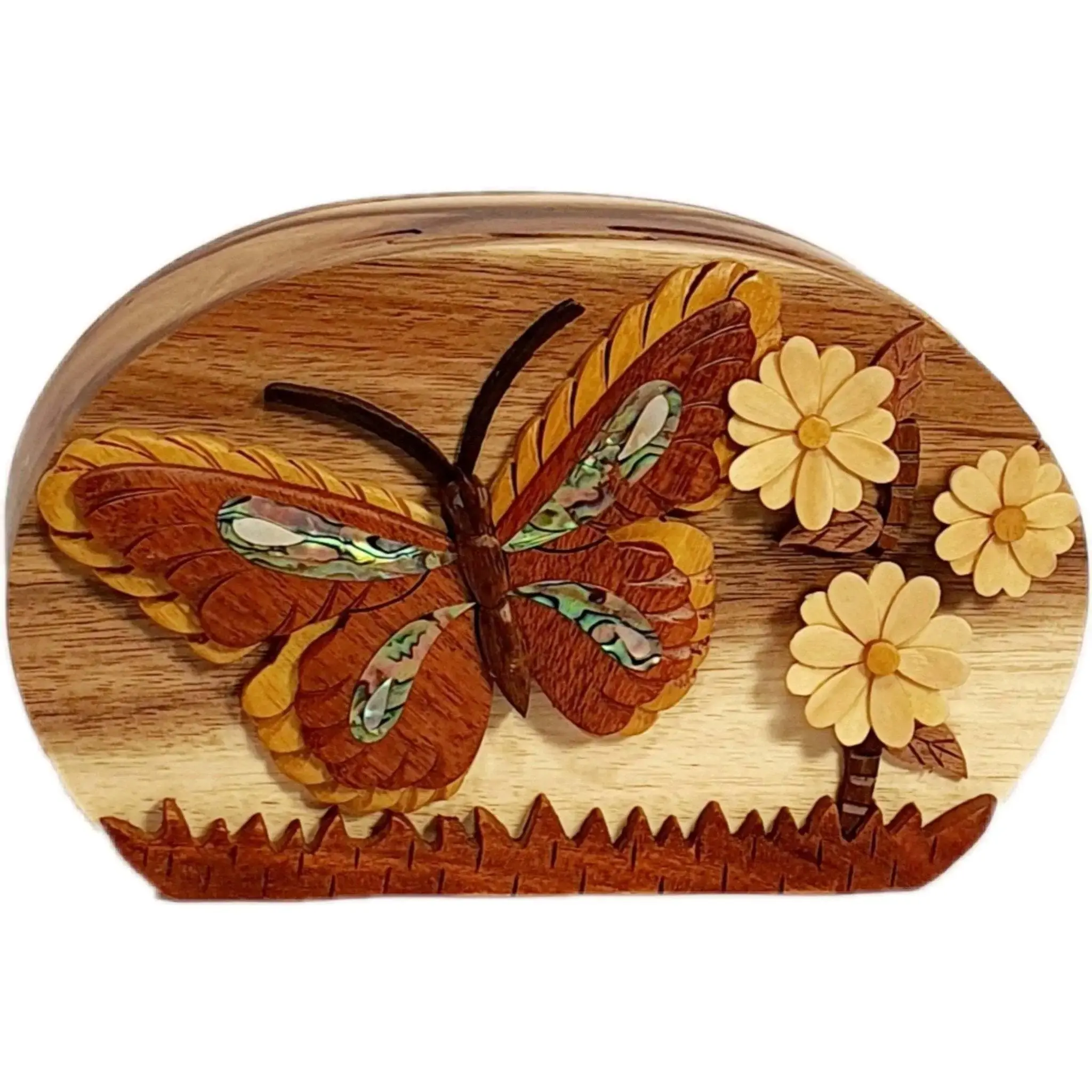Mother of Pearl Butterfly and Daisies Hand-Carved Puzzle Box