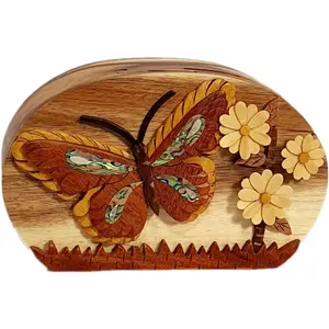 Mother of Pearl Butterfly and Daisies Hand-Carved Puzzle Box
