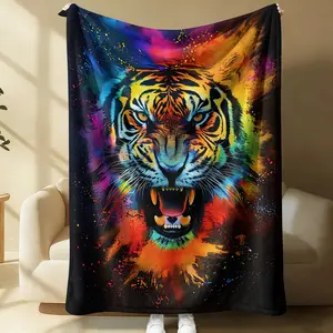 Vibrant Tie-Dye Tiger Print Flannel Throw Blanket, Soft Warm Cozy Fleece Blanket for Couch Bed Sofa, Bold Colorful Tiger Decorative Blanket, All Season Plush Blanket, Perfect Gift Blanket for Home, Travel, Nap, All Ages