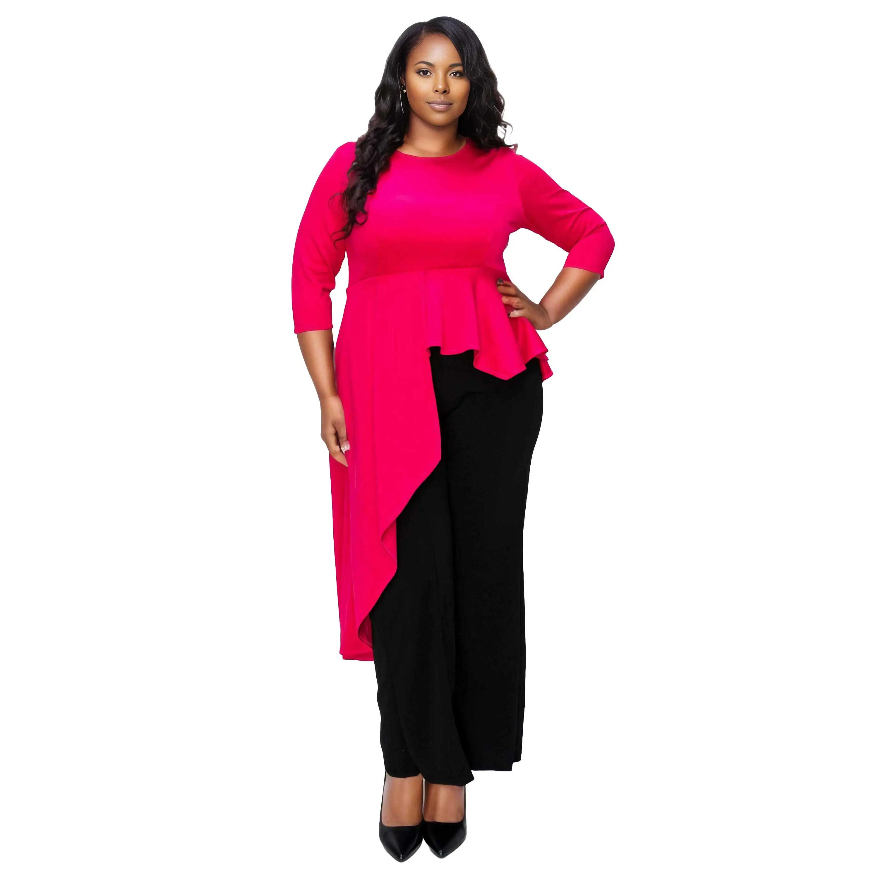 Plus Size L I V D Sanctuary Asymmetrical Peplum Top - Fitted Crew Neck Long Shirt for Women, 3/4 Regular Sleeve, Polyester Blend, Autumn Fashion Blouse
