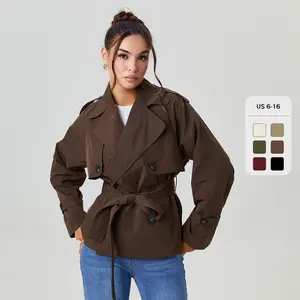 Women's Commuter Notch Lapel Double Breasted Detachable Belt Trench Coat, Fall & Winter Plain Wrap Tie Waist Outerwear Jacket, Minimalist Trench Coat