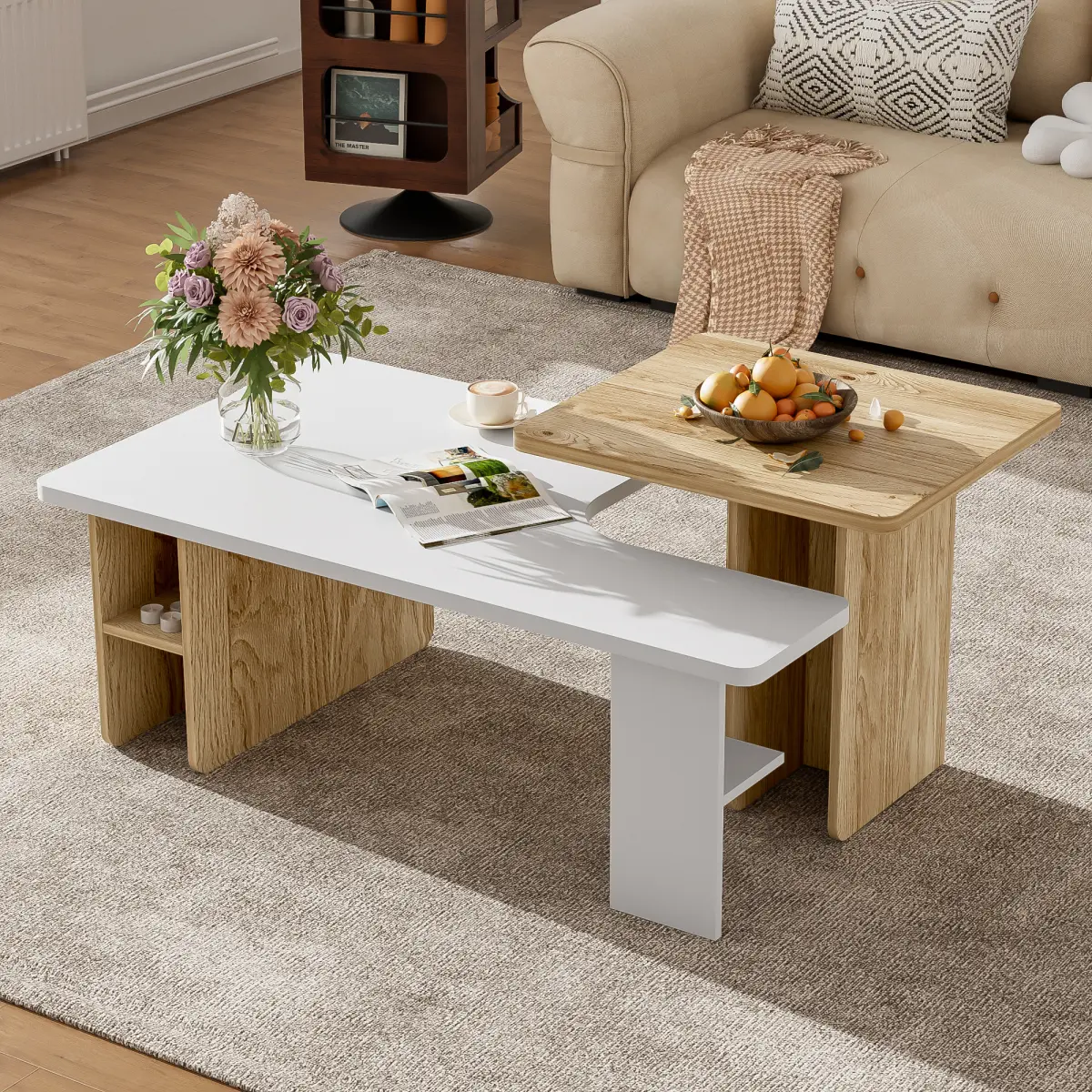 [Bellemave]VIBE HAUS Set of 2 Nesting Coffee Tables Farmhouse,Rectangle Coffee Table Living Room,Wood Finish Coffee Table Set, Small Coffee Tables, Sofa Side Table for Living Room