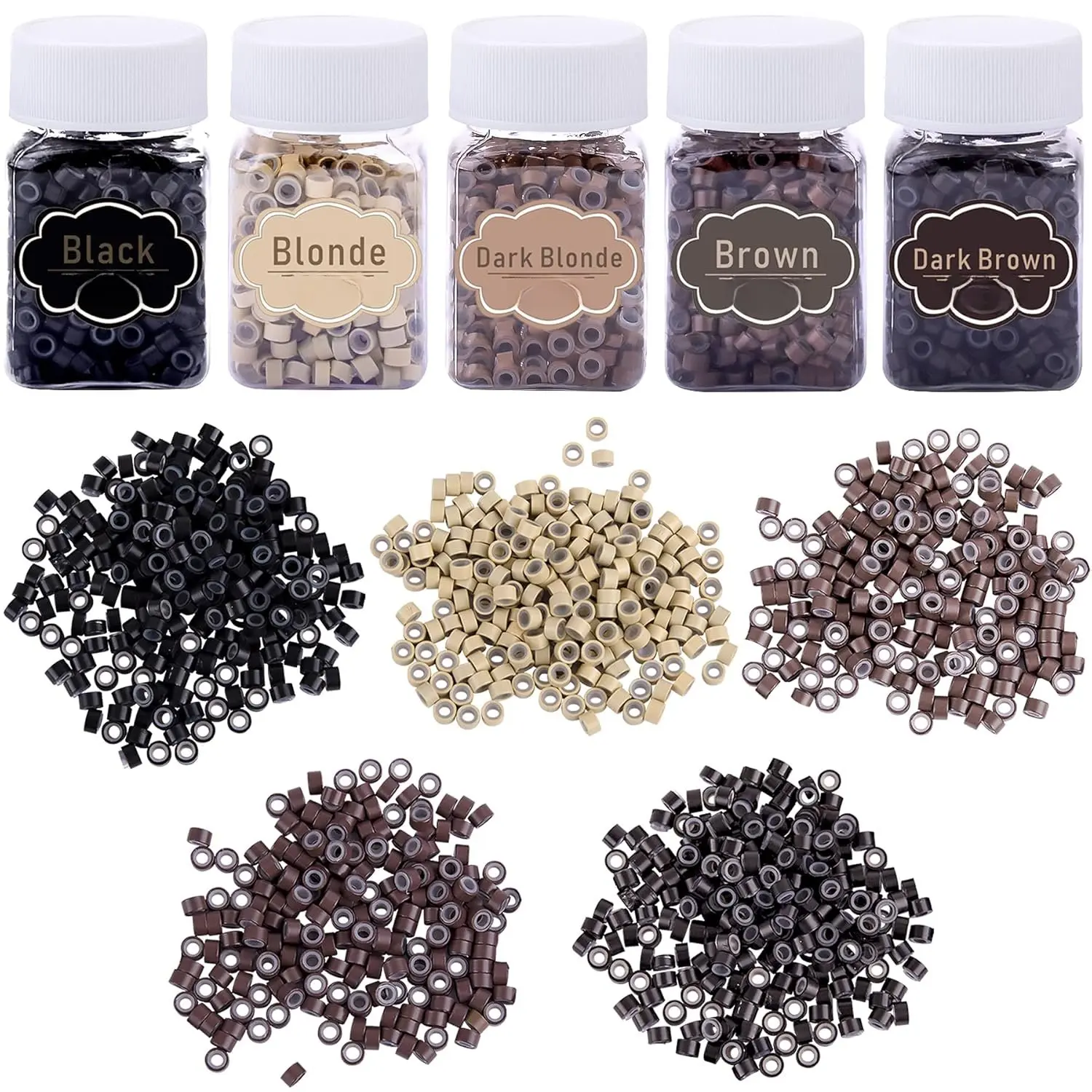 2500 Pcs Micro Link Rings, 5mm Silicone-Lined Aluminium Hair Extension Beads in 5 Mix Colors Including Blonde & Dark Brown for a Long-Lasting, Non-Slip Hold, 5Mm Outer Diameter