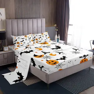 Feelyou Halloween Bedding Supplies - Breathable Durable Microfiber Bedsheet Sets, Cute Ghost Print Spooky Theme Bedding with Pumpkin Lantern, Bat, Cobweb, Spider Designs, 16-in Deep Pockets for Kids, Machine Washable
