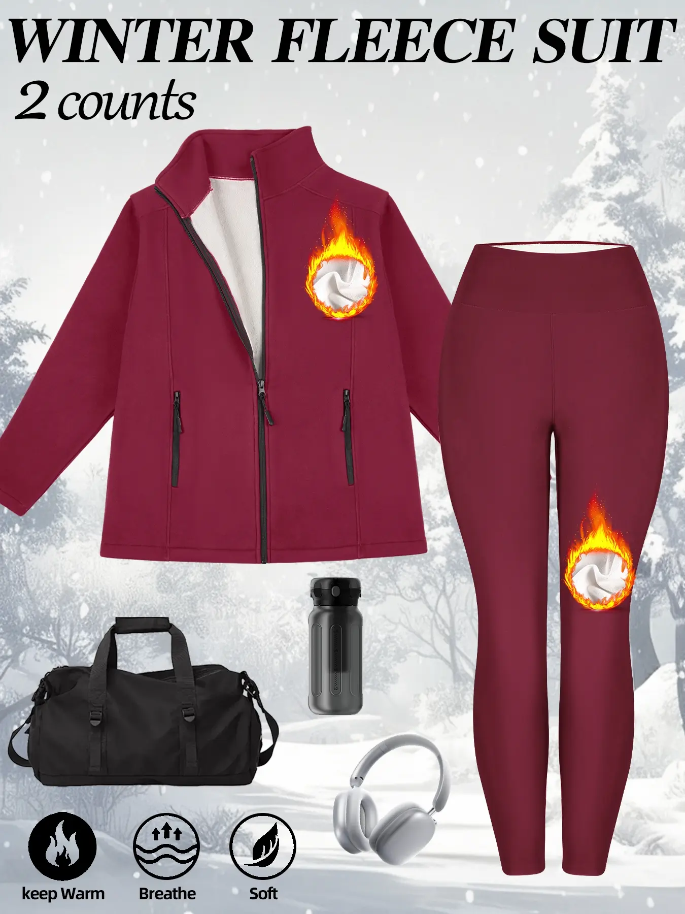 New Women's Winter Sports Set, Casual Sportswear, Fitted Plain Thickened Pants, Long Sleeve Zipper Pocket Jacket Set, Sweatsuit Set, Casual Sporty Set