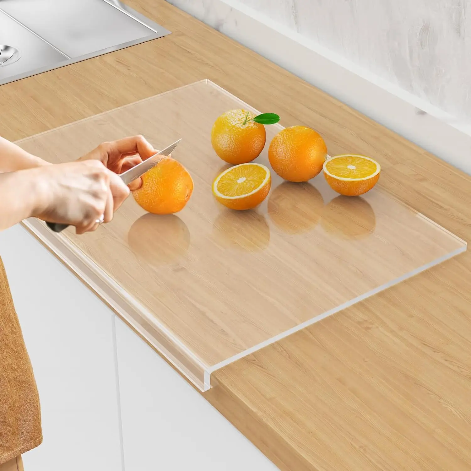 Acrylic Cutting Board with Counter Lip,17"x13" Large Clear Cutting Board for Kitchen Countertop,Non-Slip Chopping Knives