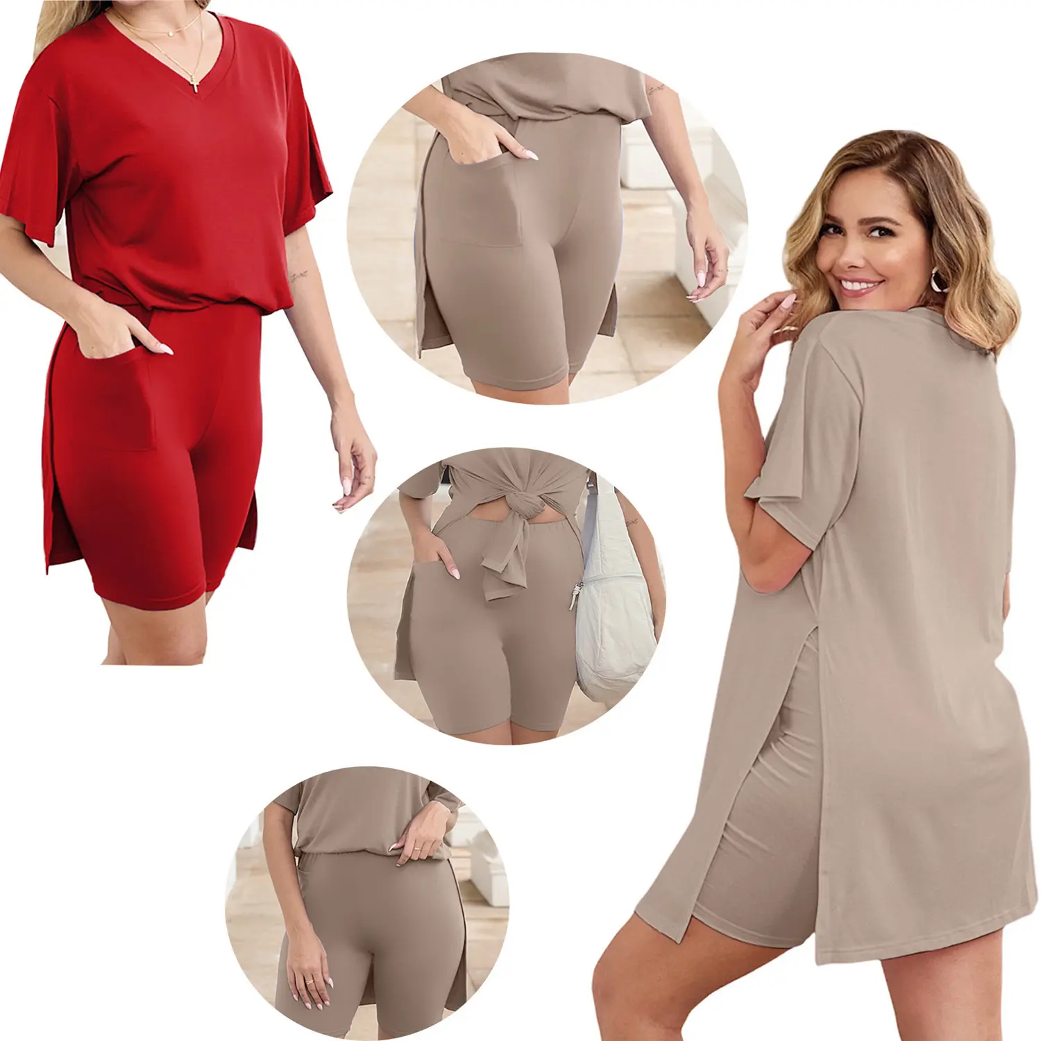 2026 New Plus Two Piece Outfits for Women With Pockets/No pocket - Ladies Short Sleeve Tunic Top & Bodycon Shorts, Breathable Loungewear, Comfortable Fashion for Outdoor Activities,Autumn Summer and Spring Outfits