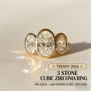 3-Stone Oval Cubic Zirconia Ring | Vintage-Inspired Gold Plated Wedding & Promise Band for Women