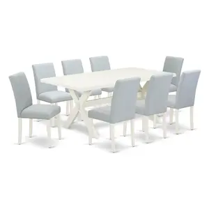 East West Furniture 9-Pc Dinette Set Includes 8 Dining Chairs with Upholstered Seat and High Back and a Rectangular Dining Room Table - Linen White Finish