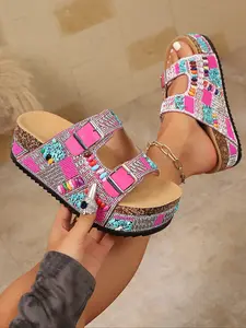 Boho Style Colorful Beaded Rivet Thick Sole Sandals for Women, Summer Dual Strap Buckle Soft Bottom Flip Flops, Ethnic Beach Shoes