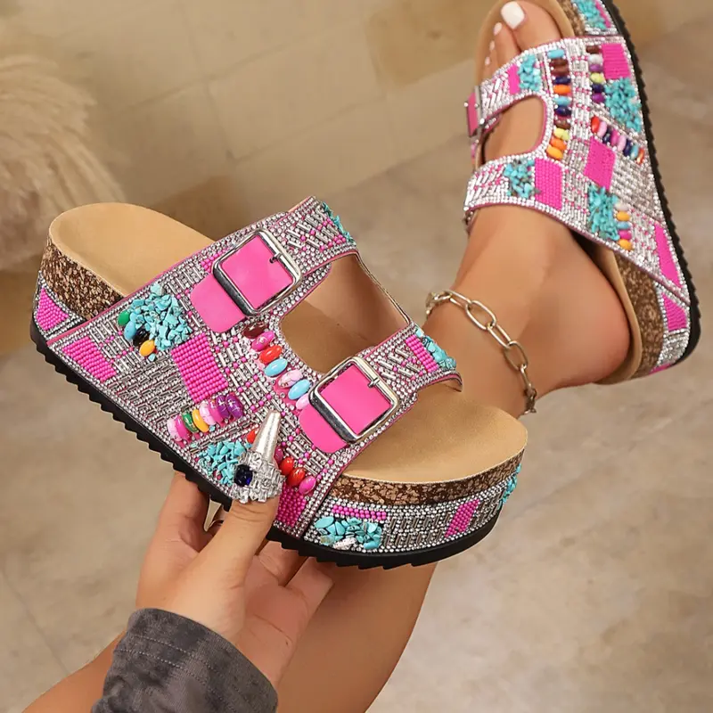Boho Style Colorful Beaded Thick Sole Sandals for Women, Summer Dual Strap Soft Bottom Shoes, Beach Shoes, Bohemian Trending Sandals, Casual Summer Sandals