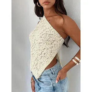 Women’s one-shoulder ruched floral lace bodycon tank top, sexy and elegant summer sleeveless design with an asymmetrical hem, fashionable for everyday wear, 2024 summer clothing GARMENTARY