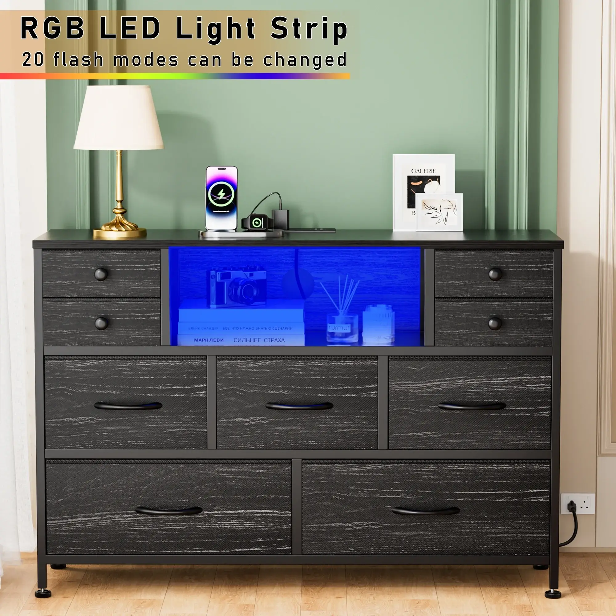 Dresser for Bedroom with Power Outlets & LED, Sturdy Metal Frame, Wooden Top-Storage Fabric Dresser for Bedroom, Living Room, Entryway&Small Spaces