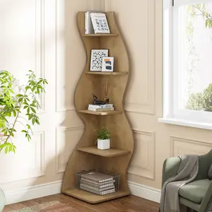 LITTLE TREE Corner Shelf, Modern 5-Tier Wall Corner Bookshelf, Stylish Corner Small Bookcase Storage Rack Plant Stand with Unique Shape for Living Room, Home Office