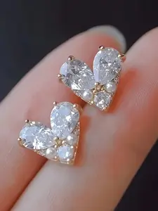 Heart Shaped Artificial Zircon Decorated Stud Earrings, Fashionable Jewelry for Women, Trendy All-match & Exquisite Jewelry for Birthday Gift, Ear Studs