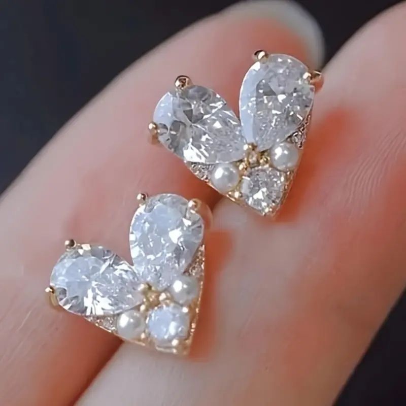 Heart Shaped Artificial Zircon Decorated Stud Earrings, Fashionable Jewelry for Women, Trendy All-match & Exquisite Jewelry for Birthday Gift, Ear Studs, Cute Earrings