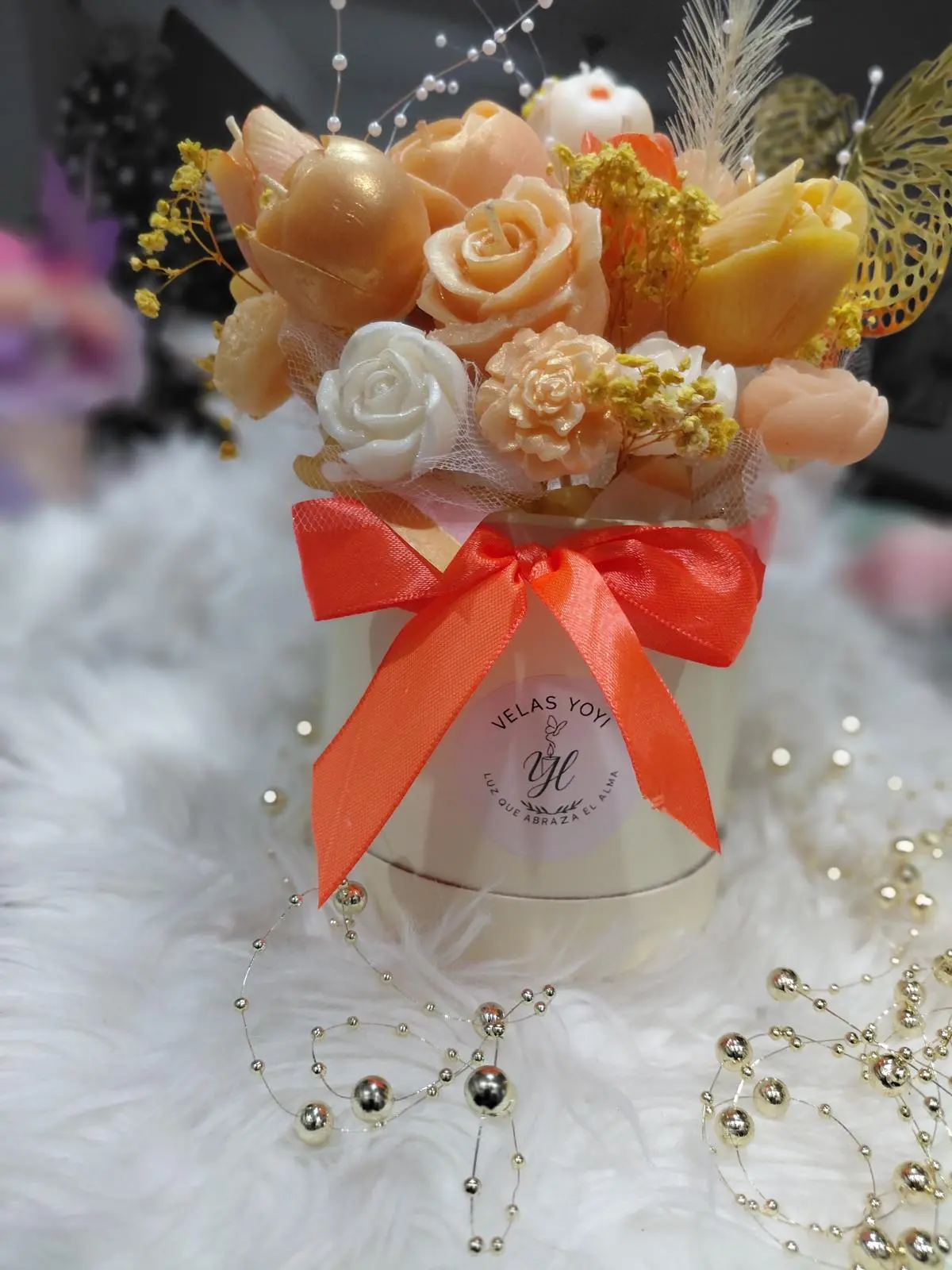 Handmade Floral Candle Basket with Bunny and Gold Butterflies