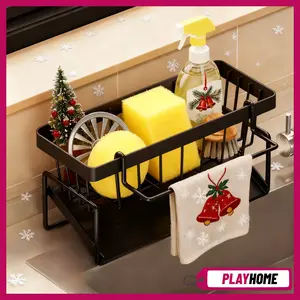 Sponge Holder for Kitchen Sink, Sink Caddy with High Brush Holder, Stainless Steel Dish Sponge  with Divider, Dish Soap Dispenser Storage Organizer Racks