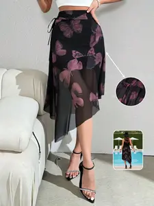 Women's Asymmetrical Butterfly Print Mesh Skirt, High-Waisted Side Tie Adjustable Breathable Summer Short Dress, Casual Streetwear Festival