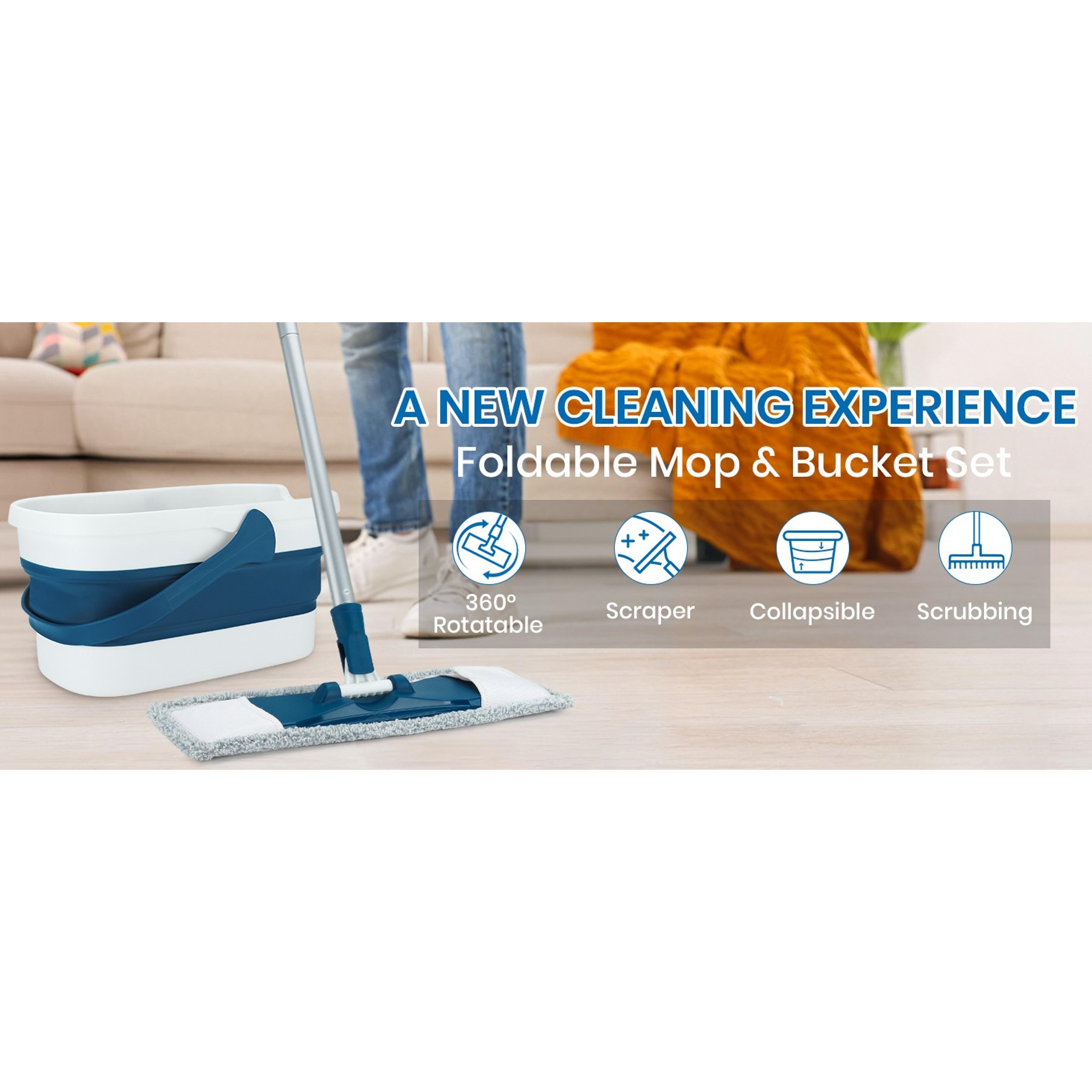 Collapsible Mop and Bucket Set with Scrub Mop and Brush, Tile Laminate Hardwood Floor Brush and Flat Mops for Floor Cleaning, Foldable Bucket with Washable Microfiber Mop(Blue)