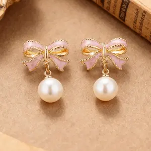 Bow Earrings for Women, Cute Bowknot Pearl Drop Dangle Earrings, Trendy Wedding Party Jewelry Gift