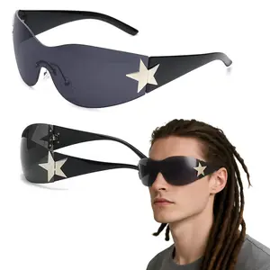 Y2K Sunglasses for Women Men Wrap Around Fashion Sunglasses Oversized Frameless Trendy Sun Glasses with Star Design