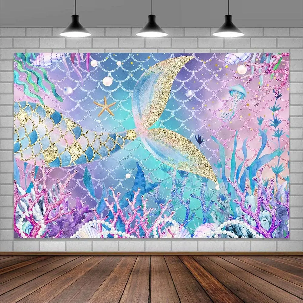 2D Printed Polyester Rainbow Mermaid Tail Underwater Backdrop - Sparkling Mermaid Tails, Corals, Shells, Banners for Birthday Parties, Wedding Decor, Girls' Birthday Gifts, Magical Home Ambiance