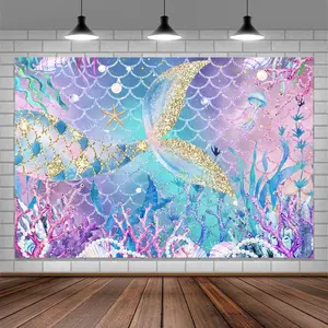 Rainbow Mermaid Tail underwater background - Sparkling mermaid tails, corals and shells, perfect for birthday parties and fairy tale home decoration, bringing a magical and cute atmosphere, ideal birthday gift for girls, 2D printing