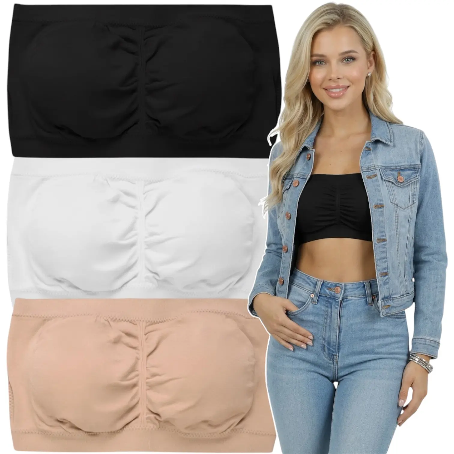 ToBeInStyle Women's Pack of 3 or 6 Seamless Classic Ruched Tube Top Bras w/ Removable Pads