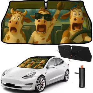 2025 Upgrade Funny Animals Car Windshield Sun Shade Umbrella 5 Layers Nano Coatings Cow Driving Car Front Window UV Block Sunshade Cover for Most Cars SUV Universal Size 57"x30"