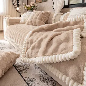 1pc Thick Faux Rabbit Fur Sofa Cover Cream Style Non Slip Warm Cat Scratch Resistant Couch Pad