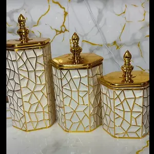 Gold Mosaic Canister Set - 3-Piece Kitchen Storage Containers with Elegant Gold Lids and Geometric Design for Stylish Organization