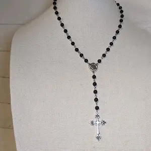 Rosary Necklace With Barbed Wire Heart And Cross Charm