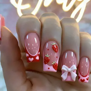 24pcs Press-On Nails Set, Strawberry Bow Design, Nail Designs, Medium Square Heart False Nails, Glossy False Nails, Includes Jelly Glue & File, Easy Application