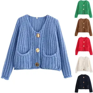 UANEO Women's Cropped Cardigan Sweater Long Sleeves Button Down Chunky Knitted Coat