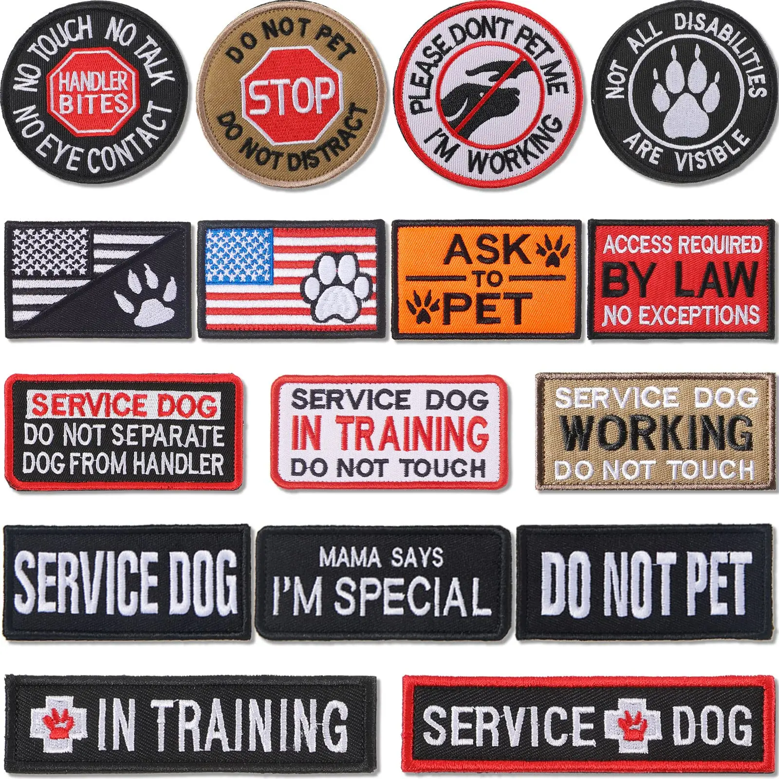 16-Piece Applique Embroidery Service Dog Patches - "Please Do Not Pet In Training" Removable Tactical Badges, 9Cm/3.54Inch × 4Cm/1.57Inch, 10Cm/3.94Inch × 2.5Cm/0.98Inch, 8cm/3.15inch Sizes for Dog Harness, Vest, Collar, Clothes, Backpack, Leash
