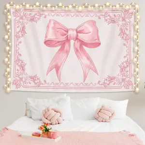 Pink Bow Tapestry Coquette Pink Tapestry Bedroom Decor Kit Aesthetic Wall Hanging Cute Bowknot Room Decoration for Women Valentine Day Room Dorm Apartment,